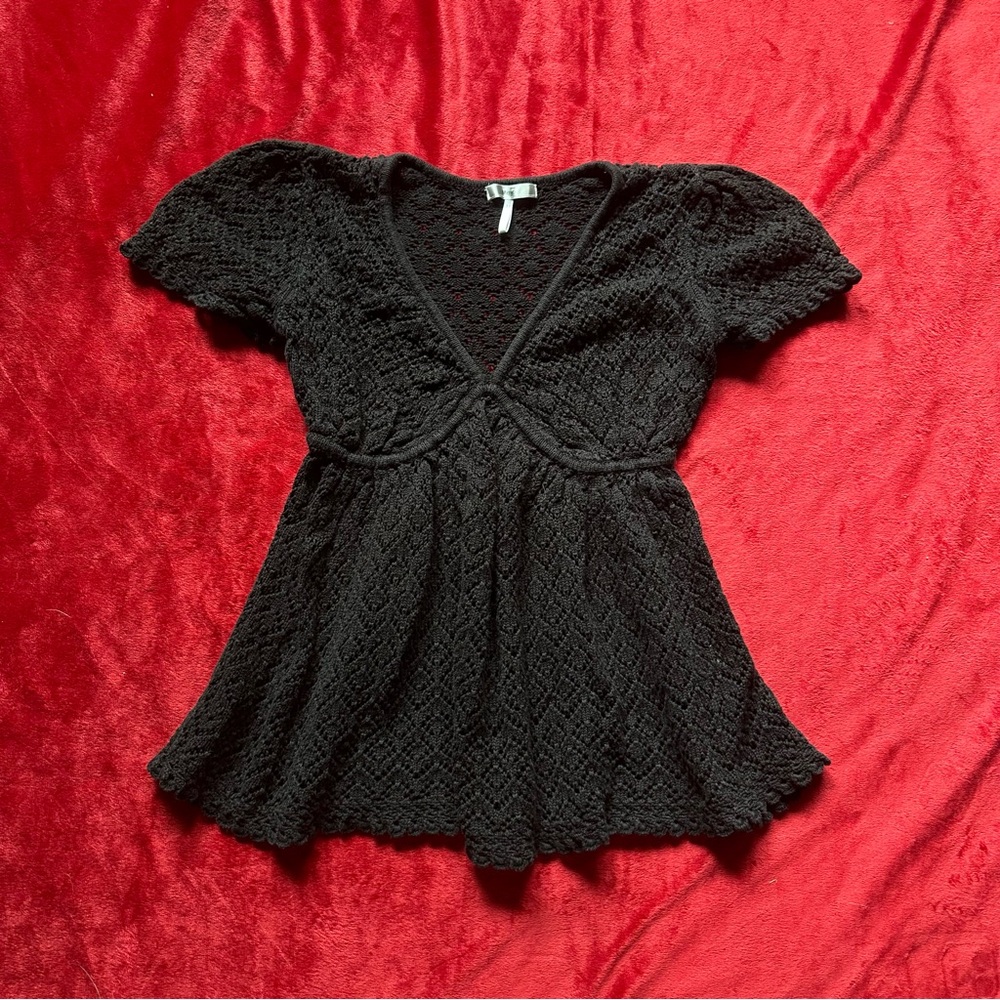 2000s Knit Goth Fairy Babydoll Elegant Black Lace Whimsigoth Crotchet Style Top